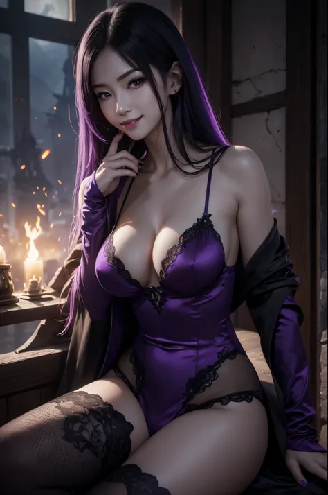 8K,beautiful and very big breasts(demon woman:1)portraitures:1.5)A picture of hell with a castle and a horde of demons(((​masterpiece)))、((top-quality))、realisitic、Gorgeous jet black and purple Demon Slayer exterior、slender muscular female body,A sexy,Purp...