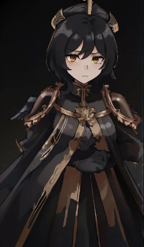 there is a black and gold paper doll with wings and a hat, gilded black uniform, black and gold armor, black and golden armor, dark ornate royal robes, black armored uniform, gold obsidian armor, wearing imperial gear, heavy gold obsidian armor, black heav...