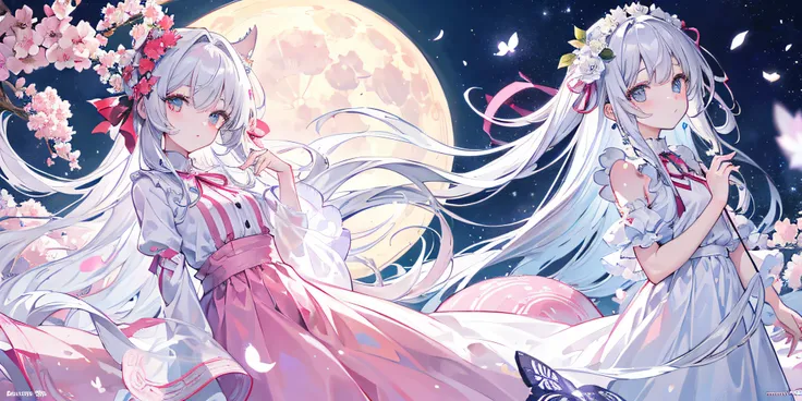 tmasterpiece, Best quality at best, in summer, full_themoon, Art Book，Art books，Art books，Art books, girl, Long gray hair, Two colors of hair, looking at viewert, Cute face, Water-colored eyes, Pink transparent long dress, flower ribbon, tilt of the head, ...