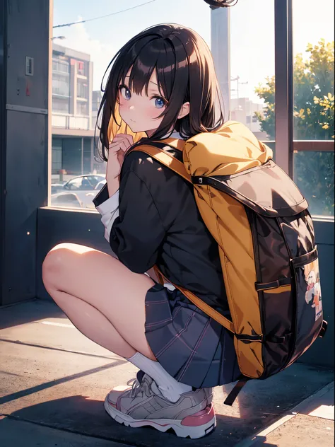 anime girl with a backpack and a backpack on her back, realistic schoolgirl, a hyperrealistic schoolgirl, beautiful anime high school girl, hyperrealistic schoolgirl, seductive anime girl, anime visual of a cute girl, the anime girl is crouching, beautiful...