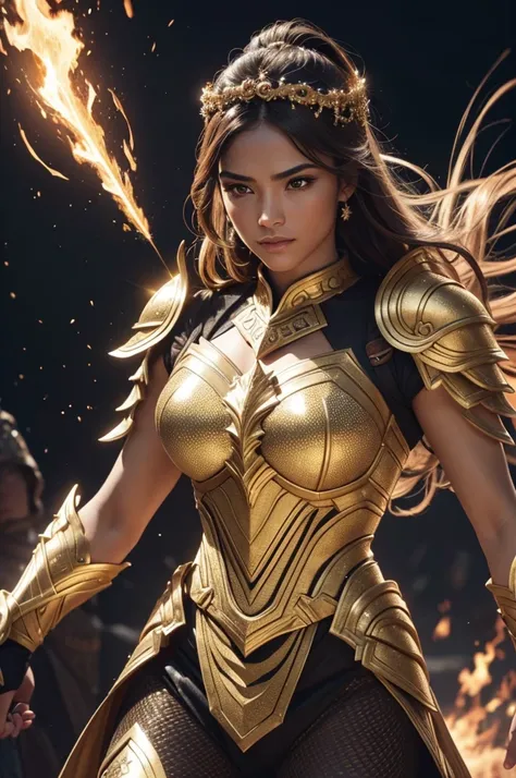 8K,cinematic wonder: Robust warrior guard with golden armor, Sparkling with intricate golden threads and luxuriously textured fabrics, Decorated with glittering modern royal costumes. Fire and light powers, fade transition from fire to light, Creates an en...