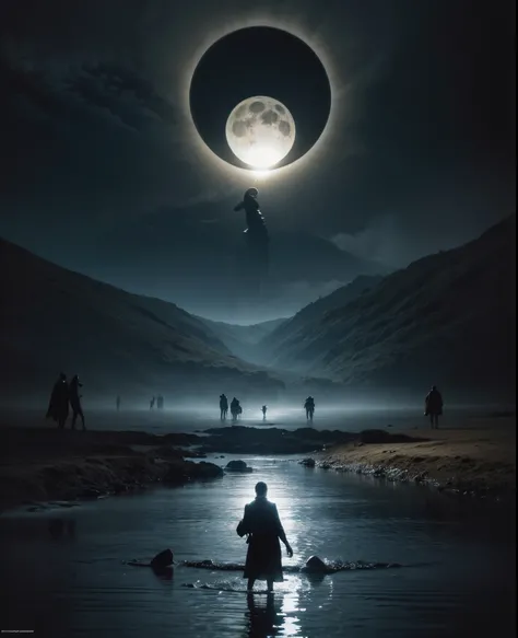 Imagen arafeada de un hombre parado en el agua con una mano gigante en el fondo., Arte oscuro surrealista, Sol negro, con soles negros en el cielo, dramatic artwork, Arte surrealista oscuro, eclipse, Eclipse eterno, Arte oscuro altamente detallado, enorme ...