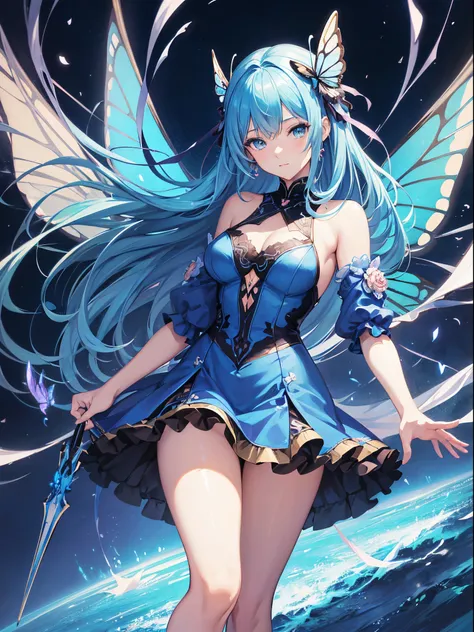 anime girl with butterfly wings and a blue dress, extremely detailed artgerm, 8k high quality detailed art, detailed anime artwork, trending on artstation pixiv, clean detailed anime art, cute anime waifu in a nice dress, pixiv 3dcg, from arknights, seduct...