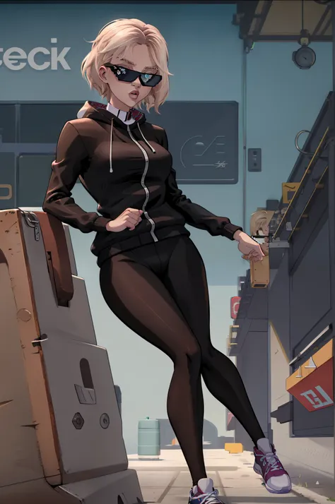 incrsdealwithit sunglasses a very confidant badass arrogant cocky boss bitch attitude ,gwen stacy wearing chunky saggy edgy loose adidas tracksuit ajutsing her sunglasses