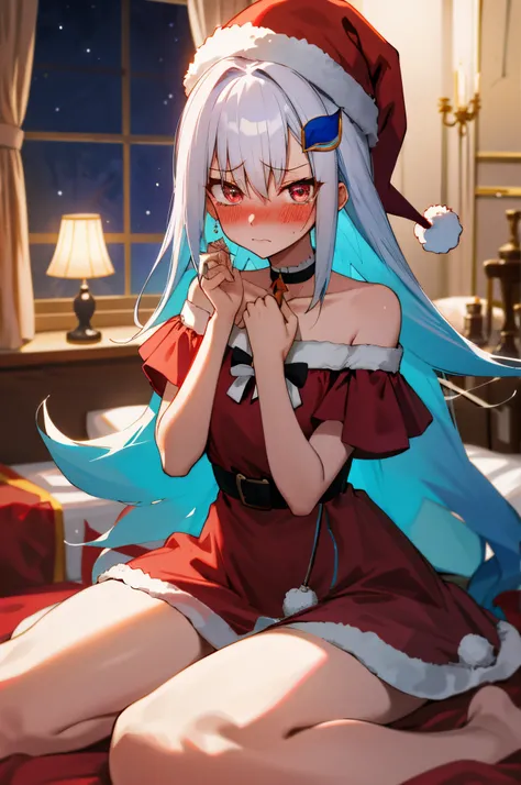 One girl with long hair, white hair, blue inner hair, looking at viewer, embarrassed, blushing, tears, indoor , bedroom, bare shoulder, santa dress, red dress, santa hat, thigh, slim, dizzy, choker, mid-chest, wide hips, perfect waist, spread legs, night a...