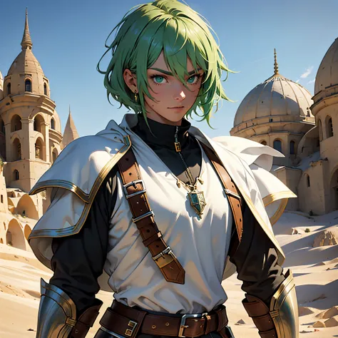 ​masterpiece, Best Quality, 4k, Very detailed, Close-up of a person, Background with:Medieval Cappadocia in the desert, Warrior wearing leather armor and white hijab, Green hair,  big sharp man