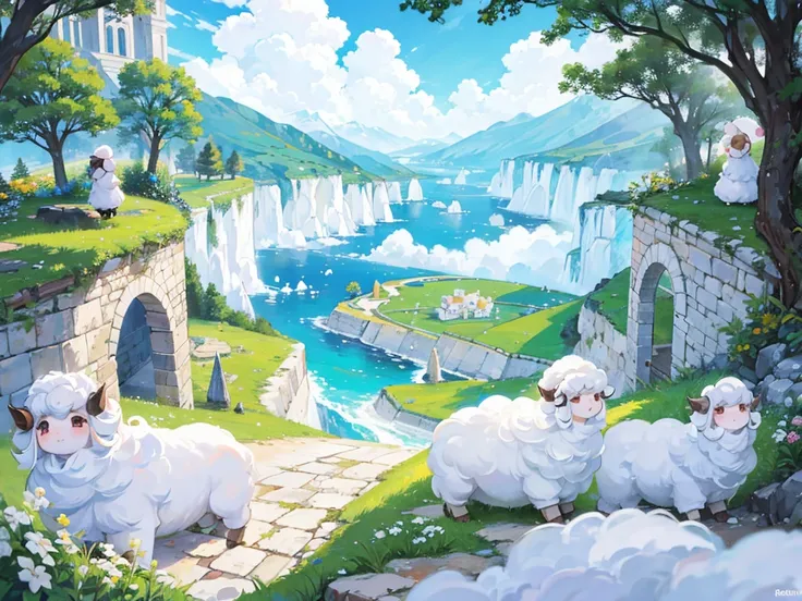 White tones，Fluffy and curly wool all over，soft as clouds，super cute sheep，Super healing feeling，Cute sheep theme park，All scenery and decorations are in the shape of sheep，Super quality，Super refined，tmasterpiece，super complex