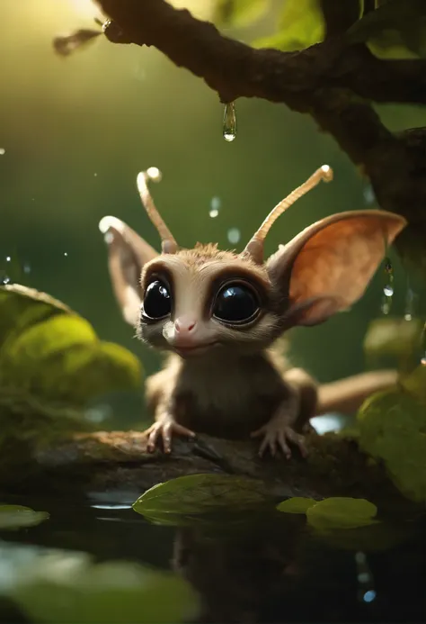 真实感, realism, Cute alien creatures that look like gremlins，Tiny creatures, big eyes, large ears, stands under the crown of an oak tree near the water, touches the water with his fingers,  Raindrops, crickets