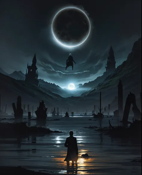 Imagen arafeada de un hombre parado en el agua con una mano gigante en el fondo., Arte oscuro surrealista, Sol negro, con soles negros en el cielo, dramatic artwork, Arte surrealista oscuro, eclipse, Eclipse eterno, Arte oscuro altamente detallado, enorme ...