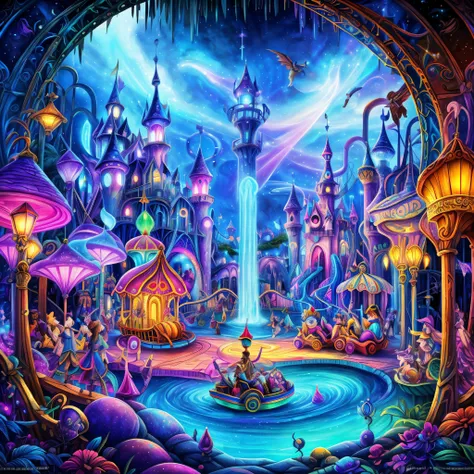 (Best quality, 8K, A high resolution, tmasterpiece:1.2), ultra - detailed, (actual, realistically:1.37), vivd colour, Magical atmosphere, Whimsical, ((disney pirate theme park, pirates of the caribbean，fountain and carousel, Lively Pirate Town Park, Beauti...