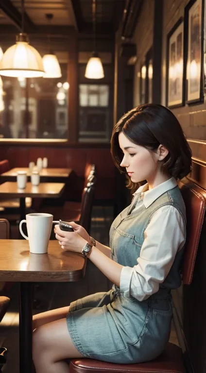 Adult person handling a Smartphone, sit on a chair in a old restaurant, coffee cup, vintage style, 3d, render, city backwith with Blur 5%