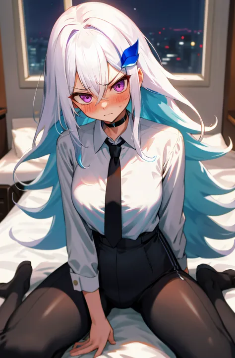 One girl with long wavy hair, white hair, blue inner hair, purple eyes, looking at viewer, embarrassed, blushing, angry, indoor, bedroom, suit, white shirts, black necktie, tight black pants, tight, hips, office lady, thigh, slim, dizzy, choker, mid-chest,...