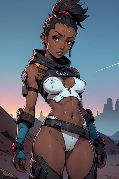 (((NSFW, sem roupas, pele escura))), (((NSFW, scientific fiction, pele escura, desenho de linha, aquarela))), with first person view high definition character art, personagem negra do jogo Borderlands, cabelo preto preso, First-person view, pronta para enf...