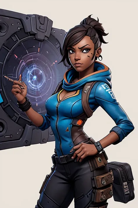 (((sem roupas, pele escura))), (((scientific fiction, pele escura, desenho de linha, aquarela))), with first person view high definition character art, personagem negra do jogo Borderlands, cabelo preto preso, First-person view, pronta para enfrentar seus ...