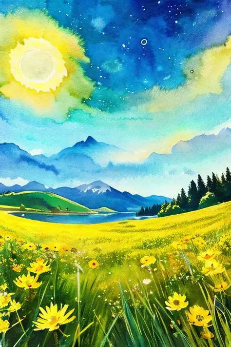 grass field　Golden Dragon　realisitic　Fantasia　realisitic　The sky is space　yellow flower　Sparkling lakes　watercolor paiting