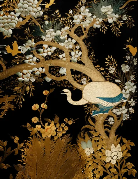 There is a painting of flowers and trees with birds, traditional chinese art, gold embroidery, Stunning and rich in detail, Many exquisite details, Velvet art, Chinese art, gold inlay, Part of the screen, golden inlays, Wen Boren, intricate embroidery, Ori...