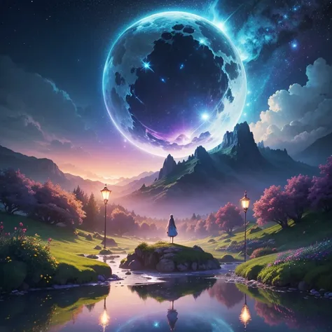 (best quality,4k,8k,highres,masterpiece),ultra-detailed,(realistic,photorealistic,photo-realistic), a magical portal, a celestial river, lush garden, vibrant flowers, sparkling water, glowing stars, shimmering moonlight, tranquil atmosphere, soft breeze, f...