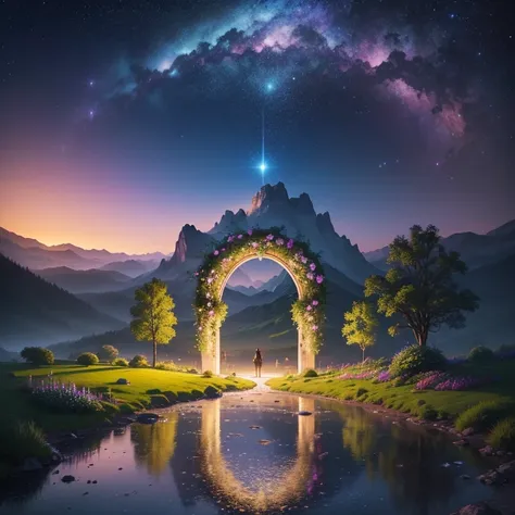 (best quality,4k,8k,highres,masterpiece),ultra-detailed,(realistic,photorealistic,photo-realistic), a magical portal, a celestial river, lush garden, vibrant flowers, sparkling water, glowing stars, shimmering moonlight, tranquil atmosphere, soft breeze, f...