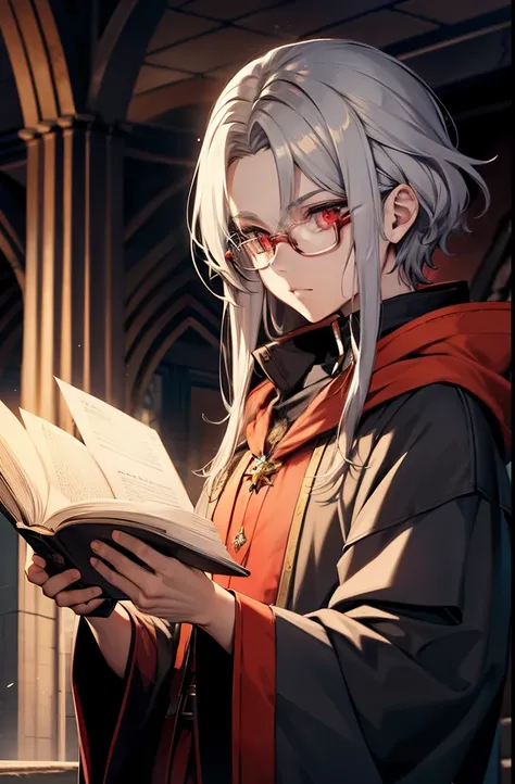 A young wizard with silver hair and bright red eyes., put on glasses, cast an enchanting spell.