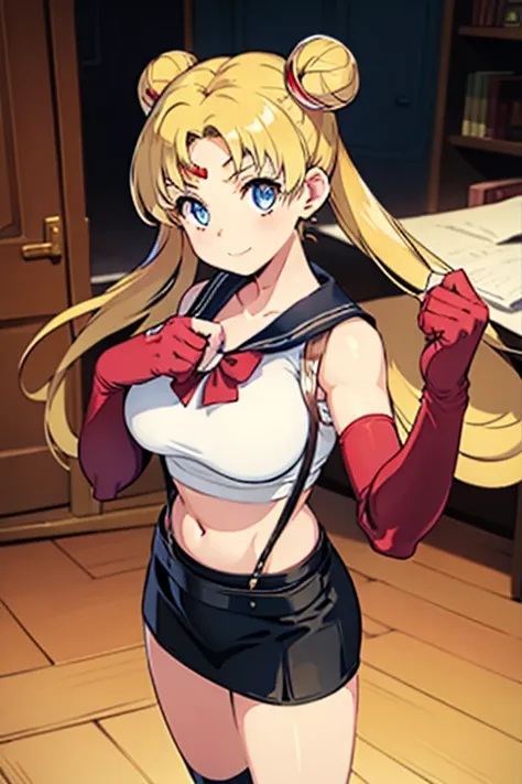 (flat color:1.2), vivid colors, best quality, high resolution, solo, indoors, (huge breasts:1.2), sharp, Defined lines, Detailed, makeup, Beautiful face, gorgeous eyes, smile, defTifa, usagi tsukino, blonde hair, blue eyes, white crop top, elbow pad, finge...