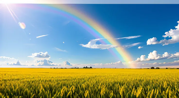 Golden wheat fields under blue sky and white clouds，A rainbow hangs in the sky