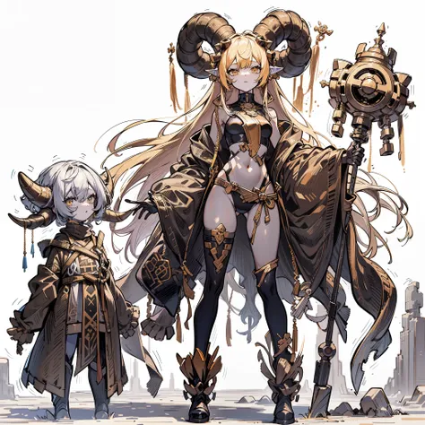 (masutepiece, of the highest quality), (Perfect athlete body: 1.2), (detailed hairs), super detailed, Anime style, Full body, Solo, cyberpunk stone wizard girl, with a small golem servant, pale black skin, Ancient national costume, stone horns growing from...