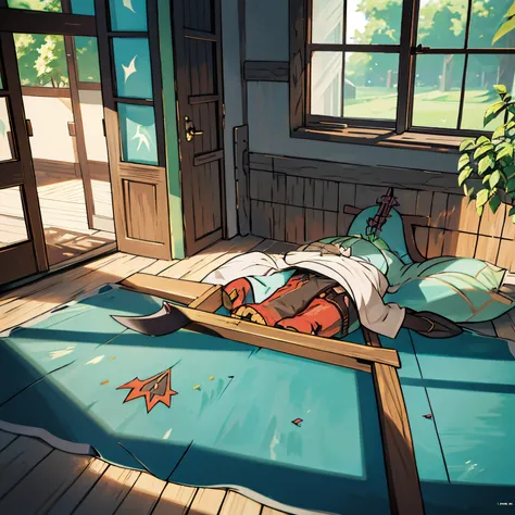 Great Sword Demon（Pokémon，Orc symbaroum）Fell asleep on the wooden floor，During the day，There is sunlight outside the window，shine on its back