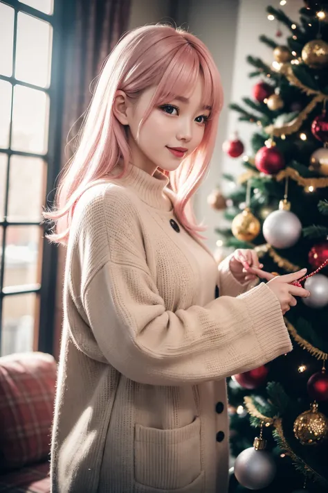 8k, RAW photo, Fujifilm, style photo of a beautiful korean young woman reaching out to put an ornaments on the christmas tree small smile. Warm christmas background (highly detailed skin: 1.2) long light pink hair reaches her back with grey eyes, wearing w...