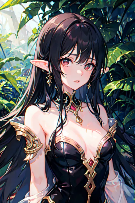 １６k、８k、４k、１７age、Perfect body、a beauty girl、High Quality, long black hair, Red eyes、Pretty Face, insanely detailed eyes、Mini skirt、full bodyesbian、Goddess-like atmosphere、elvish、in woods、Sunlight、