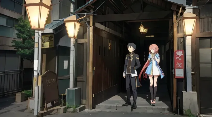 Anime character standing in front of a building with lights on, Sao style anime, Medium shot of two characters, Still from TV animation, in the anime film, Screenshot of the animated movie, Today’s recommended anime is still, anime movie screenshot, Screen...