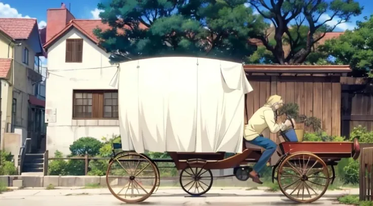 Anime scene of a man riding a horse-drawn covered carriage, Screenshots from the 2012 animation, Screenshot of the animated movie, in the anime film, Today’s recommended anime is still, anime still frame, anime movie screenshot, 2 0 1 9 animation screensho...