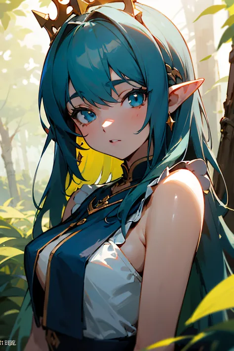 １６k、８k、４k、１７age、Perfect body、Extraordinary Beauty、High Quality, green long hair, Blue eyes、Pretty Face, insanely detailed eyes、Mini skirt、full bodyesbian、Goddess-like atmosphere、elvish、in woods、Sunlight、doress、A queen、gravure model、