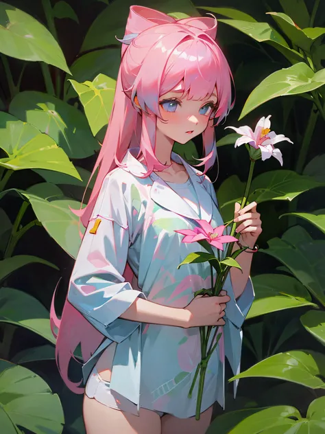 Teenage girl，white pajama，Little girl with pink hair，tropical garden，Holding flowers