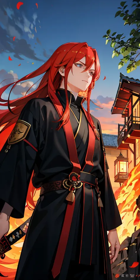 1male people,Red hair, fiery eyes, katanas, loimu, Nature, Outdoors, blazing, side lights, Town,