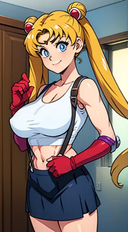 (flat color:1.2), vivid colors, best quality, high resolution, solo, indoors, (huge breasts:1.2), sharp, Defined lines, Detailed, makeup, Beautiful face, gorgeous eyes, smile, defTifa, usagi tsukino, strong muscles, muscular girl, blonde hair, blue eyes, w...