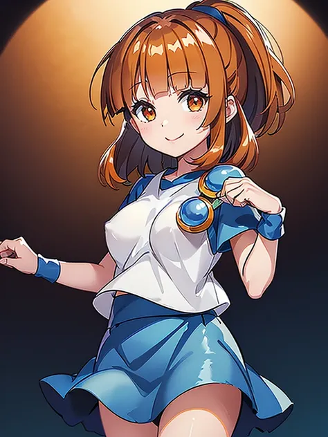 (Arle Nadja from puyopuyo), 1girl, ((((darkorange hair)))), high ponytail, (((((Blunt bangs))))), ((((small tits)))), (golden eyes), ((white T-shirt)), ((blue fluffy skirt)), (blue cloak), (Blue breastplate), Blue wristband, smile, 
masutepiece, Best Quali...