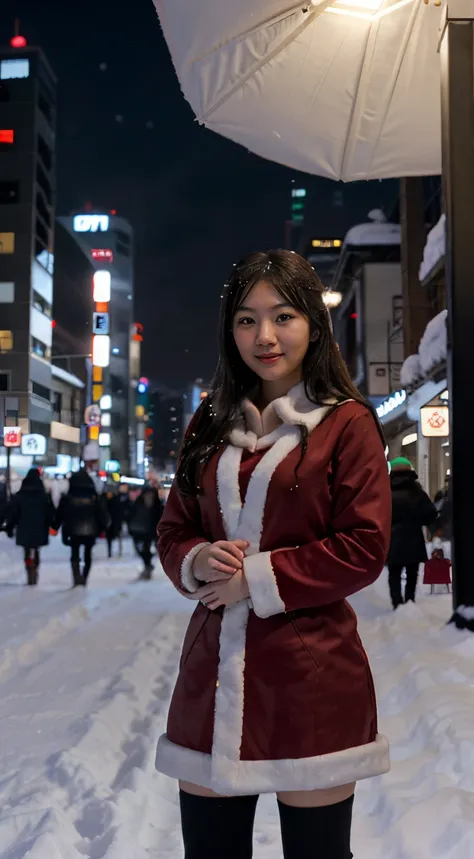 Santa Claus, Japanese girl, city, night, snow, skyscrapers