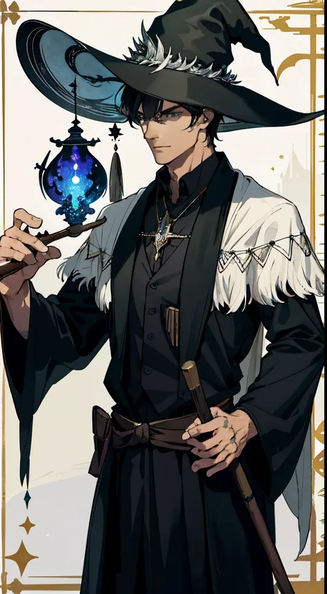 masterpiece, best quality, 1 male, adult, tall muscular, handsome, finely detailed eyes, intricate details, wizard, black hat with a pointed brim, broomstick with a carved handle, spellbook with a variety of spells, potion bottles with various ingredients,...