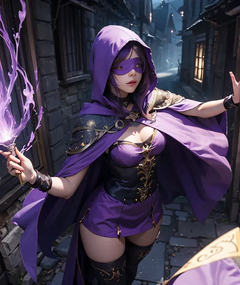 Ultra realistic, masterpiece, A photo of girl, with blindfold, seer, hood on, purple hair, magical gesture, cape, fullbody, dark village background