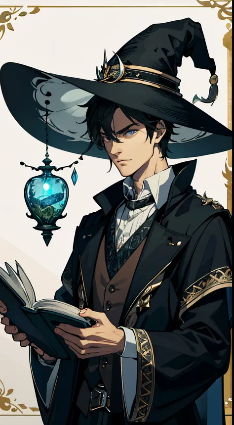 masterpiece, best quality, 1 male, adult, tall muscular, handsome, finely detailed eyes, intricate details, wizard, black hat with a pointed brim, broomstick with a carved handle, spellbook with a variety of spells, potion bottles with various ingredients,...