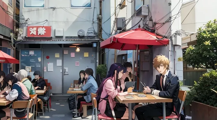 Cartoon image of a man sitting at a table holding a laptop, In a roadside cafe, sitting in a café, tokyo anime anime scene, people sitting at table, Madhouse Studio anime style, anime scene, sitting alone in a cafe, typical anime classroom, Sitting alone i...