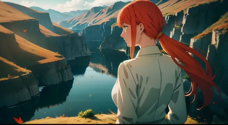 Extremely detailed, wind, anime intonation, vibrant colors, vivid, lighting going to extreme light and extreme shadow, focused on the color green, a woman smiling on her back looking at a landscape from the tip of a cliff with grasses and leaves with autum...