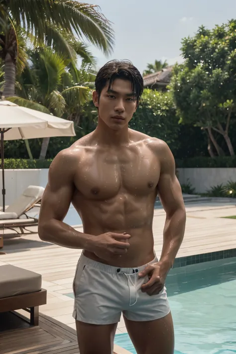 Korean male model, k pop idol, topless, muscles, head to toe, full body portrait, standing ,luxury yacht background, realistic, romantic, photograph, portrait, elegance handsome, athlete body, fashion set, mens wear, shorts, shorts hi cut underwear, full f...