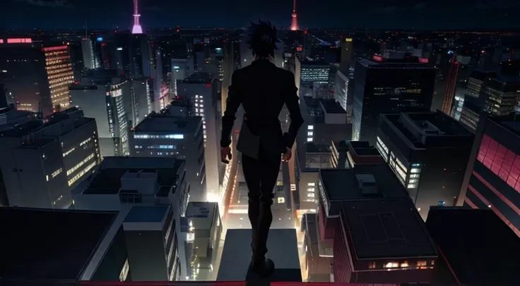 Anime scene of a man standing on a city ledge at night, neo tokyo background, Screenshots from the 2012 animation, Still from TV animation, tokyo anime anime scene, Kuro anime screenshots, he is traversing a shadowy city, hd anime cityscape, Today’s recomm...