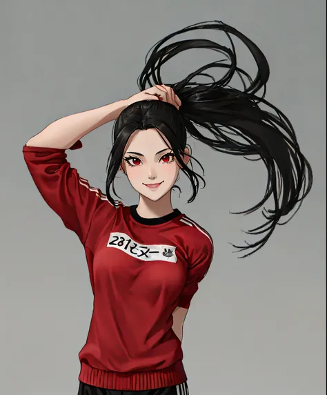 1girl, solo girl, 18 year old, small breast, black hair, long hair, straight hair, red eyes, gym clothes, adidas long black track pant with 3 strip, perfect striped, kawaii style, cute face, quiet type, highres, detailed, official art, anime_style, anime s...