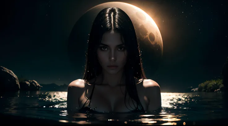 Imagen rafeada de una mujer hermosa parada semi desnuda en el agua, ((rostro perfecto, hermosa)), ((sensual)), Arte oscuro surrealista, Sol negro, con soles negros en el cielo, dramatic artwork, Arte surrealista oscuro, eclipse, Eclipse eterno, Arte oscuro...