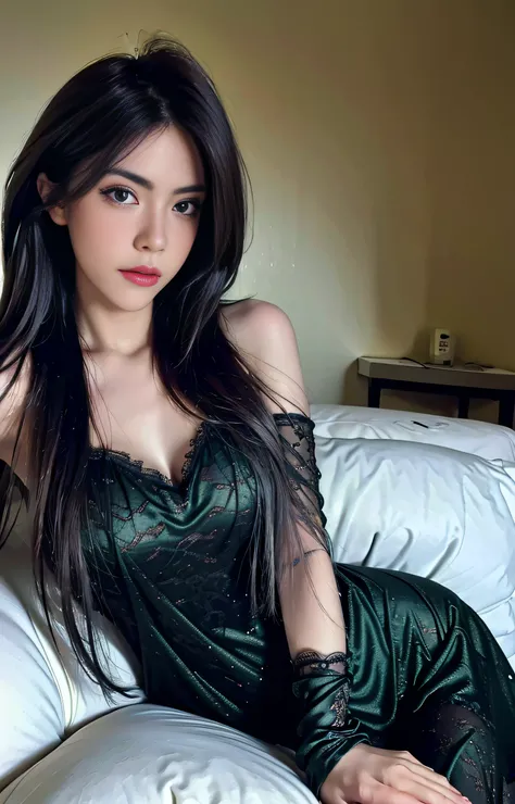 Best quality, masterpiece, ultra high res, (photorealistic:1.4), raw photo, 1girl, ((black lace nightgown)), ((medium breast)), cold light, long dark hair, detailed face, detailed blue or green eyes