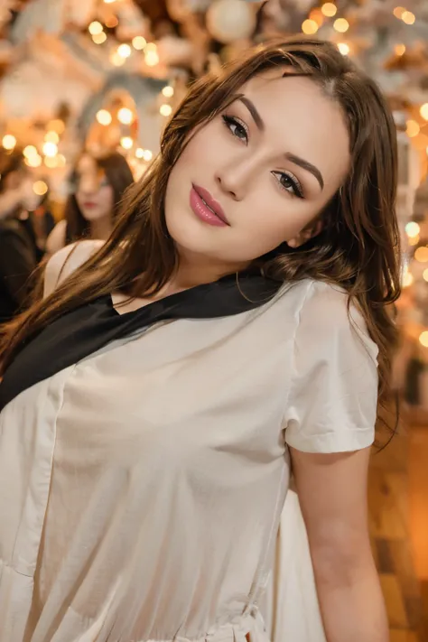 A  girl, with brown hair, Long, wearing a black dress, brilliant