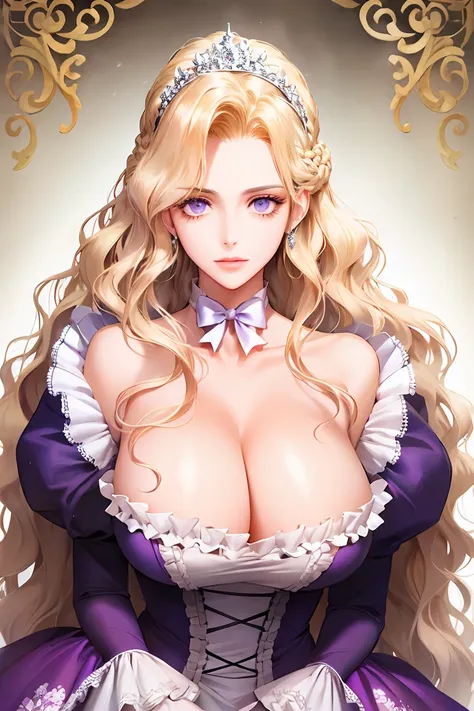 corrupta, shoujo style, floral background, romance manhwa, 1girl, blonde hair, solo, long hair, flower, dress, tiara, white dress, gloves, long sleeves, thick eyeblows, purple eyes, white gloves, purple bow, purple flower, wavy hair, standing, bow, jewelry...