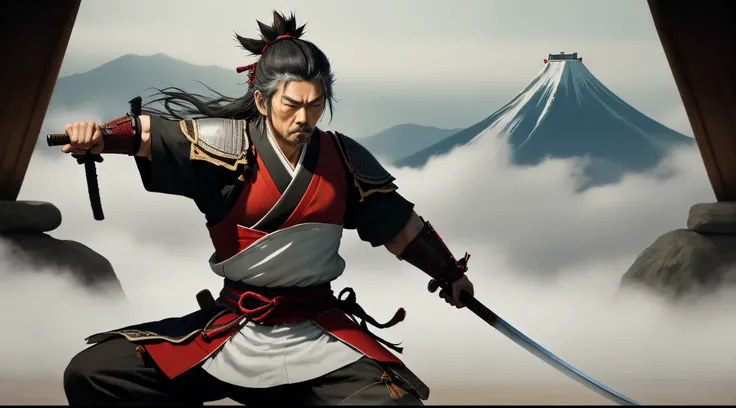 "A solitary depiction of Miyamoto Musashi, a legendary Japanese swordsman. He is portrayed alone, with a fierce expression and long, flowing hair, wearing traditional samurai garb. Musashi is posed in a dynamic two-sword stance, demonstrating his strength ...